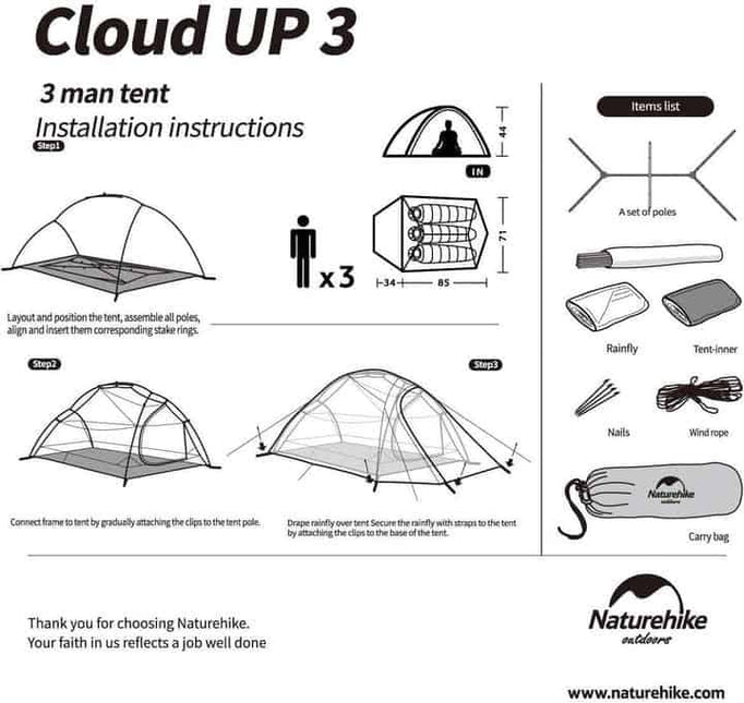 Naturehike Cloud Up 3 - Various Colours By NatureHike